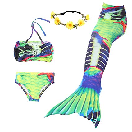 3PCS Girls Swimsuit Mermaid Tail Princess Bikini Set Swimwear Can Match Monofin AMENON (With Garland)