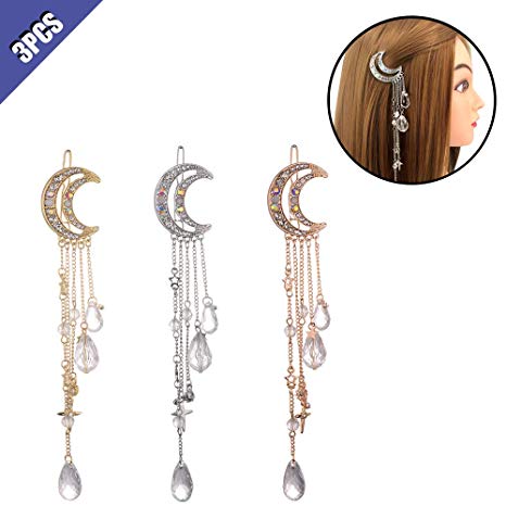 Ximimark 3Pcs Moon Crystal Rhinestone Beads Dangle Hairpin Hair Clip Women Bridal Hair Accessories Tassels Hairpin Silver&Gold&Rose Gold