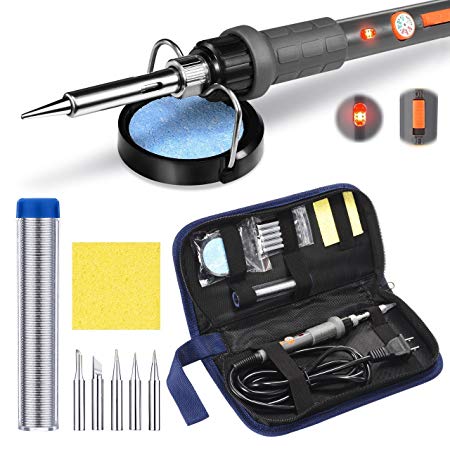 PICTEK Soldering Iron Kit,【ON/OFF Switch & LED Indicator Design】220~480℃ Temperature Adjustable Electric Welding Tool with 5pcs Soldering Tips, Tip Cleaner Soldering Station and Solder Wire, 60W 110V