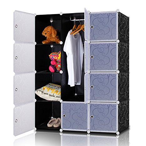 Lifewit 4-Tier Clothes storage Closet Large Space cube Wardrobe Interlocking Clothes Cabinet Black with White Doors