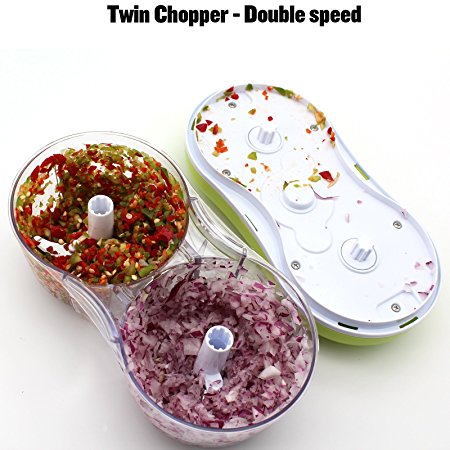 TwinArc Shaped Blade Manual Food Chopper Compact & Hand Held Vegetable Dicer, Mincer, Blender to Chop Fruits, Vegetables, Nuts, Herbs, Onions, Garlic for Salsa, Salad, Pesto, Coleslaw, Puree (Twin)