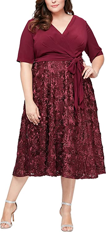 Alex Evenings Women's Plus Size Tea Length Dress with Rosette Detail