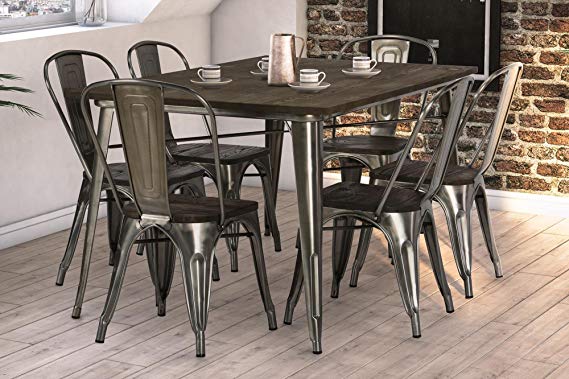 DHP Fusion Dining Set, Includes Fusion Rectangular Dining Table and 6  Fusion Dining Chairs, Distressed Metal Finish for Industrial Appeal, Antique Gun Metal