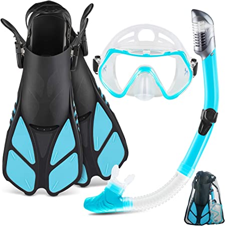 ZEEPORTE Mask Fin Snorkel Set with Adult Snorkeling Gear, Panoramic View Diving Mask, Trek Fin, Dry Top Snorkel  Travel Bags, Snorkel for Lap Swimming