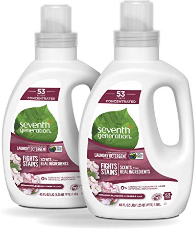 Seventh Generation Concentrated Laundry Detergent for tough stain removal Geranium Blossoms and Vanilla 0% synthetic fragrances and dyes 40 oz pack of 2