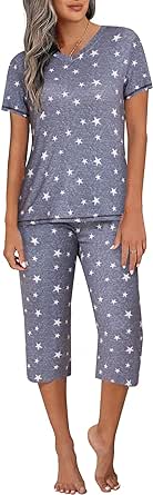 Ekouaer Women's Sleepwear Capri Pajama Sets Short Sleeve Two-Piece Pjs V Neck Tops & Capri Pants with Pockets S-3XL