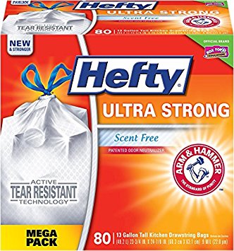 Hefty Ultra Strong Trash Bags (Scent Free, Tall Kitchen Drawstring, 13 Gallon, 80 Count)