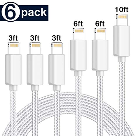 TNSO MFi Certified iPhone Charger Lightning Cable 6 Pack Extra Long Nylon Braided USB Charging & Syncing Cord Compatible iPhone Xs/Max/XR/X/8/8Plus/7/7Plus/6S/6S Plus/SE/iPad/Nan More Silver and Gray