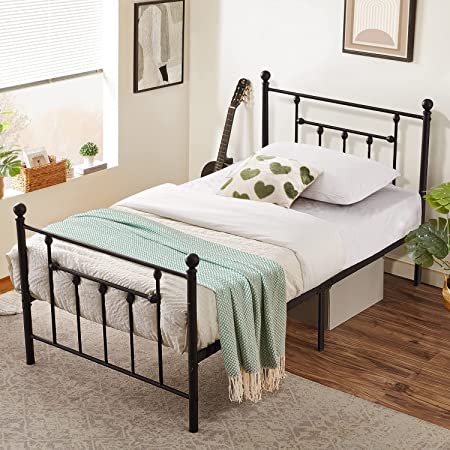 VECELO Heavy Duty Twin Size Metal Platform Bed Frame with Headboard and Footboard, Sturdy Steel Slat Support / No Box Spring Needed Mattress Foundation/ Easy Assemble, Victorian Style , Black