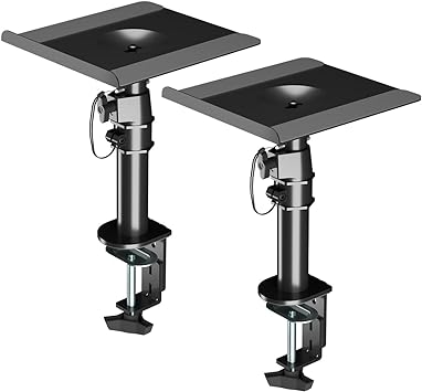 suptek Clamp-on Speaker Stand Desk Mount Set, 9.6 x 8.8 inch Trays, Height Adjustment and Tilt, Universal Audio Holders for Computer and Bookshelf Speakers, Elevated Sound, 2 Pack, Black, SDM001B