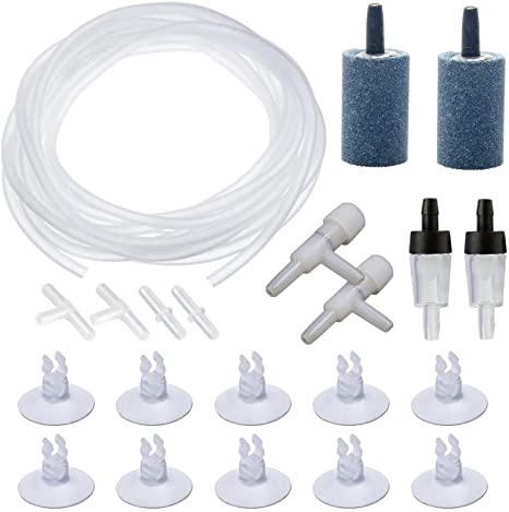 icemoon 21 Pcs Air Pump Accessories for Fish Tank,16.5 ft Standard Airline Tubing,2 Bubble Release Air Stones,2 Check Valves,10 Suction Cup Clips,2 Air Switch Pump Valve Regulator,4 Connectors