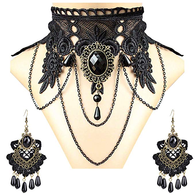 Aniwon Punk Wedding Party Black Lace Choker Beads Chain Pendant Necklace Earring Bracelet for Women