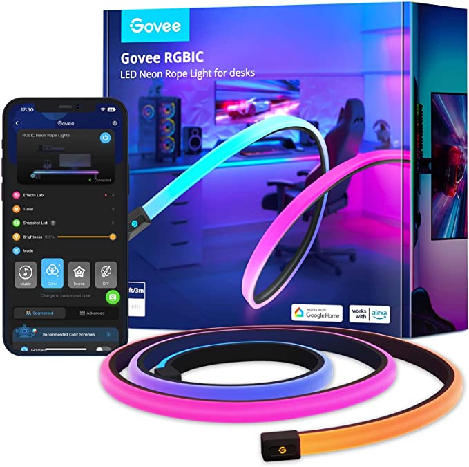 Govee RGBIC Gaming Lights, 3M Neon Rope Lights Soft Lighting for Gaming Desk, LED Strip Lights Syncing with Razer Chroma, Smart App Control, Support Cutting, Music Sync, Adapter (Only 2.4G Wi-Fi)