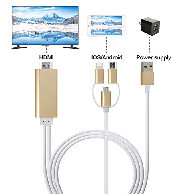 ZFKJERS 3 in 1 Phone to HDMI Cable, Mirroring Cellphone Screen to TV/Projector/Monitor Adapter, 1080P Resolution for iOS and Android Devices (Gold)