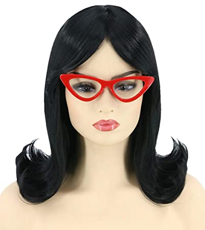 Topcosplay Womens Linda Wig Black Short with Glasses Cosplay Halloween Costume Wigs