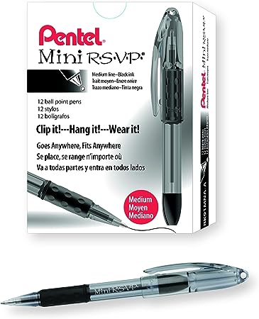 Pentel BK91MNA-A Pentel Mini R.S.V.P. Stick Ballpoint Pen, Translucent Brl, Black Ink, Med Pt, 12 Count (Pack of 1)