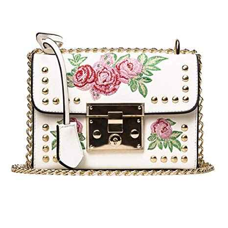 Women's Crossbody Bags,Voberry Women Messenger Bags Embroidery Rose Crossbody Shoulder Bags Chain Body Bags (White)