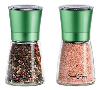 Premium Salt and Pepper Grinder Set. 5.35" Tall. 5.6 Oz. ANODIZED STAINLESS STEEL VIVID COLOR. Salt Mill & Pepper Mill. Adjustable Ceramic Rotor. Salt and Pepper Shakers   FREE Recipe EBook - Green