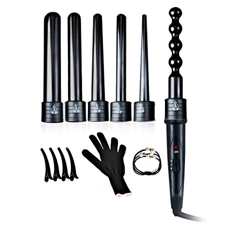 Hair Curling Wand Set,Interchangeable 6 in 1 Tourmaline Ceramic Curling Iron for All Curly Hair Design & Sexy Beach Wave Shapes,Include Free Heat Resistant Glove,4Pcs Hair Clips and 1Pcs Hair Ring