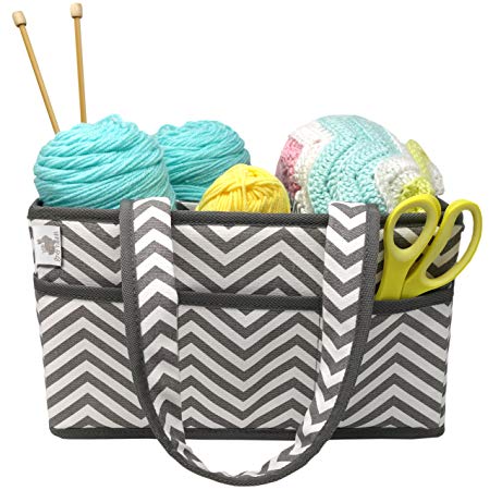 Premium Craft Caddy by Little Grey Rabbit | Knitting Storage Bin & Organizer Basket | Holds Yarn, Needles, Tape, More | Perfect Gift | White & Gray Chevron (Grey Chevron)