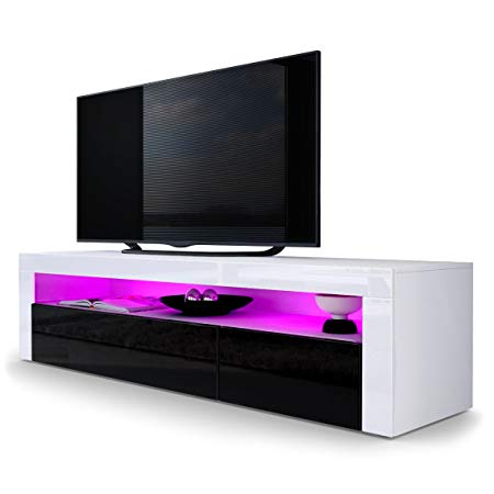 Vladon TV Stand Unit Valencia, Carcass in White matt/Front in Black High Gloss a frame in White High Gloss