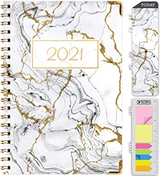 HARDCOVER 2021 Planner: (November 2020 Through December 2021) 5.5"x8" Daily Weekly Monthly Planner Yearly Agenda. Bookmark, Pocket Folder and Sticky Note Set (Gold Marble Foil)