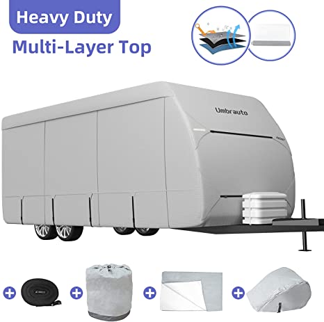 Umbrauto Upgraded Travel Trailer RV Cover Camper Cover Thick Multi-Layers Polypro RV Trailer Cover Anti-UV Top Panel Windproof Breathable Trailer Covers Ripstop Fits 33‘ - 35‘ Travel Trailer