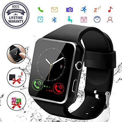 Smart Watch,Bluetooth Smartwatch Touch Screen Wrist Watch with Camera/SIM Card Slot,Waterproof Phone Smart Watch Sports Fitness Tracker Compatible Android Phone iOS Phones for Men Women Kids (Black)