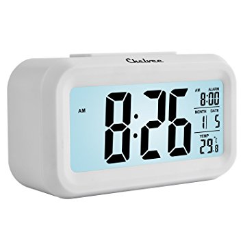 Chelvee(TM) Smart Alarm Clock with Large LCD screen, Low Light Sensor Technology, Soft Night Light, Repeating Snooze, Month Date & Temperature Display,Stronger Sound Wake You Up Softly. (White)