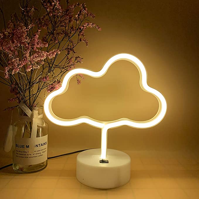 Warm White Cloud Neon Light Signs LED Neon Lights Room Decor Battery/USB Powered Bedside Lamps with Base Home Decoration for Living Room Children's Bedroom Party Christmas & Birthday Gift