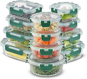 JoyJolt 24pc Fluted Glass Storage Containers with Lids. 12 Airtight, Freezer Safe Food Storage Containers, Pantry Kitchen Storage Containers, Glass Meal Prep Containers for Lunch