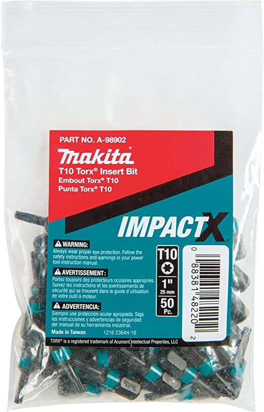 Makita A-98902 Impactx T10 Torx 1″ Insert Bit, 50 Pack, Bulk