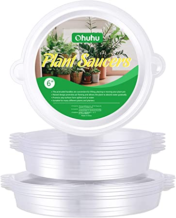 Plant Saucers with Handles for Carrying, Ohuhu 6" & 8" 10 Pack Patent Round Plants Trays for Pots, Plastic Clear Flower Pot Drip Tray, Heavy Duty Water Trays Saucer for Indoors Outdoors Garden Planter