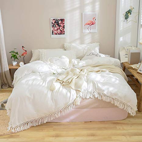 Softta Duvet Cover Full 3 Pcs Bohemian Duvet Covers Tassel and Ruffle White Girls Bedding 100% Washed Cotton