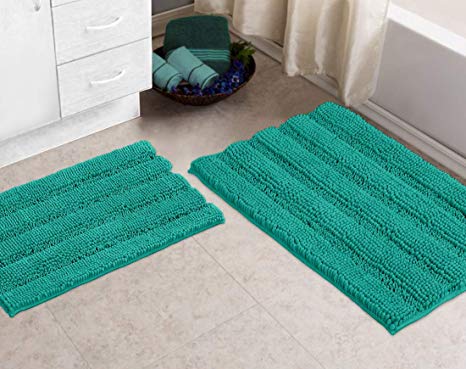 Bathroom Rugs by Zebrux, Set of 2 Non Slip Thick Shaggy Chenille Bath Mats for Bathroom Extra Soft and Absorbent - Striped Bath Rugs Set for Indoor/Kitchen (Rectangular Set, Turquoise)