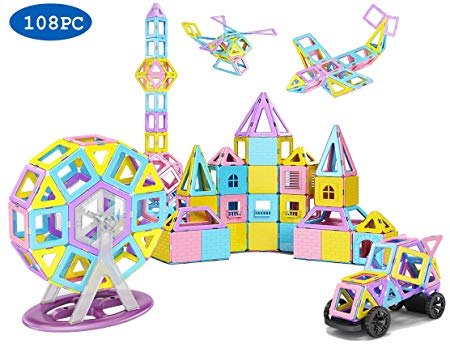 Magnetic Tiles, 2nd Generation ,108 Pieces STEM Magnetic Building Blocks with Castle Cards Includes Wall, Balcony, Windows, Ferris Wheels and car Wheels, Great for Building House and Castle
