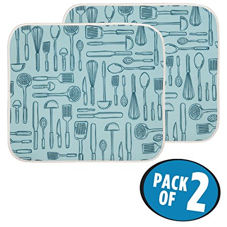 mDesign Utensils Kitchen Countertop Absorbent Dish Drying Mat - Pack of 2, 18" x 16", Aqua Blue/Ivory