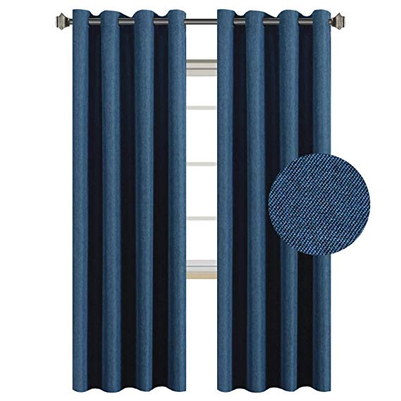 H.VERSAILTEX Ultra Sleep Well Energy Saving Thermal Insulated Textured Thick Linen Pair Curtains (2 Panels) for Living Room,Grommet Primitive Drapes (52 by 84 - Inch,Dark Blue)