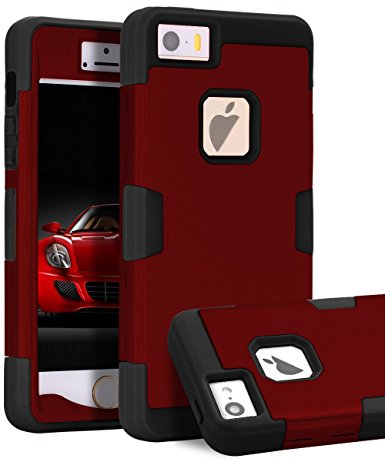 iPhone SE Case,iPhone 5S Case, TOPSKY Three Layer Heavy Duty High Impact Resistant Hybrid Protective Cover Case For New iPhone SE,iPhone 5s/5, 3 in 1 Hard Plastic Soft Silicone, Red-Black