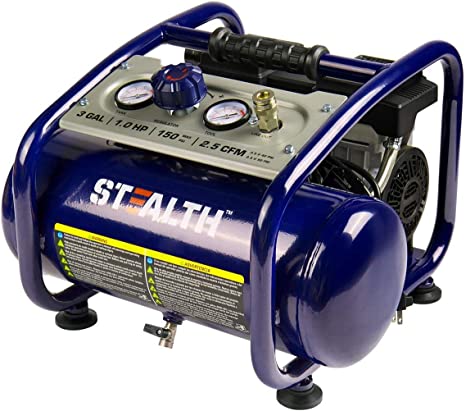 Stealth Portable Ultra Quiet 3 Gallon 1 Horsepower Oil-Free Pump Air Compressor 2.5 CFM @ 90 PSI Electric Air Compressor, Max 150 PSI Portable Air Compressor for Garage Innovation Work SAQ-1301 Blue