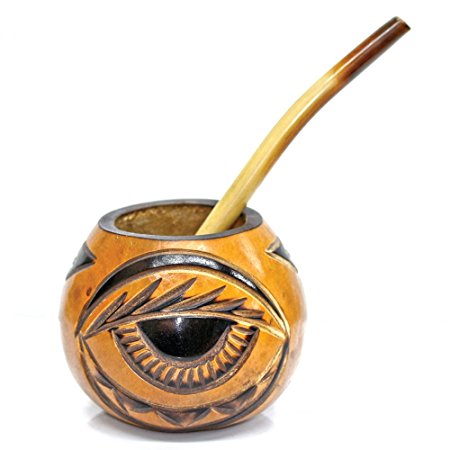 Tealyra - Yerba Mate Gourd - Eye Design - Hand Made Carved - Bamboo Bombilla Straw - Set - Made in Argentina - Traditional Drinking Gourd - Authentic Argentinian Mate Cup (#1610)