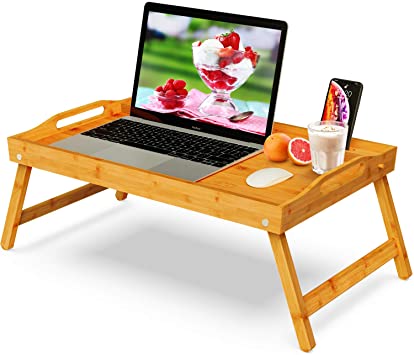 Pipishell Bamboo Bed Tray Table, Large Breakfast Tray - 21x13.9 Inch with Folding Legs, Multipurpose Serving Tray Use As Portable Laptop Tray, Snack Tray, Platter Tray for Working, Eating, Reading