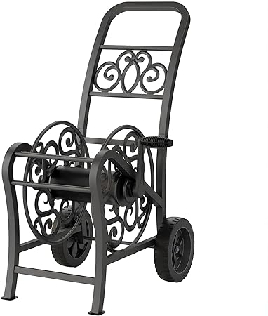 Suncast Metal Decorative 150' Hose Cart with Flat-Free Wheels and Foot Caps, Stylish Garden Hose Reel Cart for 150' of Standard Vinyl Hose