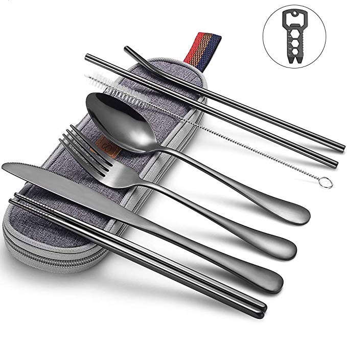 Travel Utensils, Sunhanny Reusable Utensils with Case, Travel Camping Cutlery Set, Portable Silverware Including Outdoor Multi-Tool, Dish Cloth, Metal Straws, Stainless Steel Flatware Set (Black)