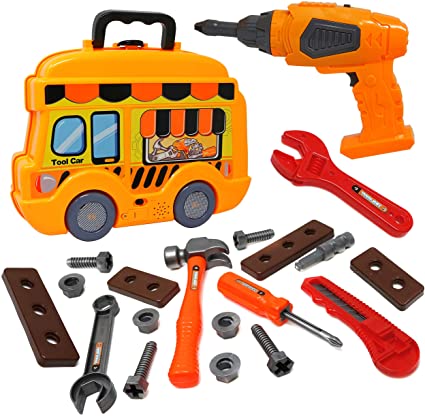 Smart Novelty Toy Tool Set for Kids and Toddlers Pretend Play Toy Tools for Boys and Girls - Awesome 25 Piece Kids Tool Box Great Or Birthday Gift in Unique School Bus Shaped Case