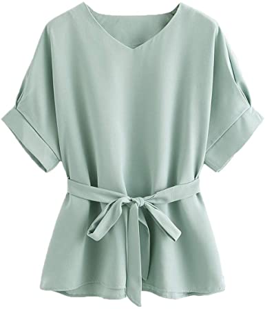 Milumia Women's V Neckline Self Tie Short Sleeve Blouse Tunic Tops