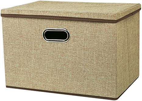 Zonyon Large Storage Box, 17.7'' Sturdy&Strong Collapsible Fabric Storage Bin Container Basket Home Cube Organizer with Removable Lid for Bedroom,Closet,Shelves,Office,Khaki