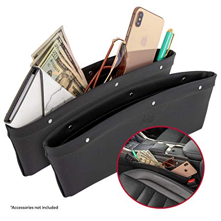 2 in 1 Car Seat Gap Organizer | Universal Fit | Storage Pockets Adjust | 2 Set Car Seat Crevice Storage Box Stop Drop Related Distracted Driving & Holds Phone Money Cards Keys Remote | Black Stitching