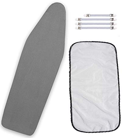 Silicon Coated Ironing Board Cover 15" X 54" Bundle 6 Items: 1 Extra Thick Felt Pad, Heat Resistant, and Scorch Resistant, 4 Fasteners and 1 Protective Scorch Mesh Cloth (Grey)