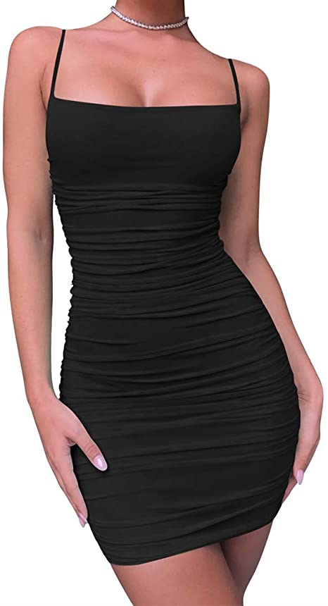 Kaximil Women's Sexy Bodycon Spaghetti Strap Ruched Mini Club Dresses